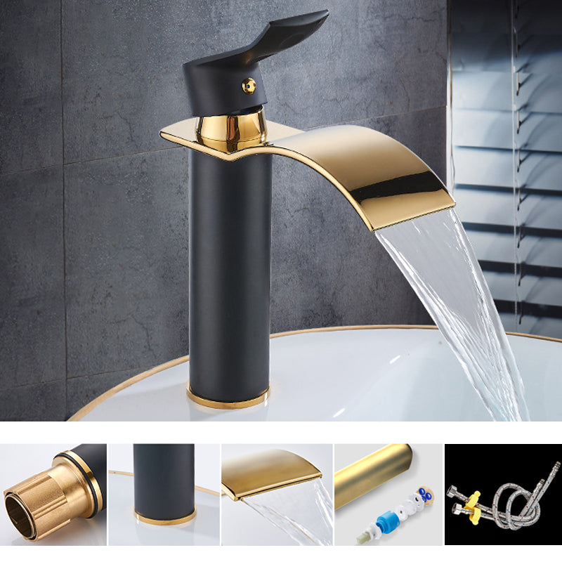 Single Hole Basin Faucet Waterfall Spout Sink Faucet Lever Handle Bathroom Faucet Black-Gold 7.7" Round Clearhalo 'Bathroom Remodel & Bathroom Fixtures' 'Bathroom Sink Faucets' 'Bathroom Sinks & Faucet Components' 'bathroom_sink_faucets' 'Home Improvement' 'home_improvement' 'home_improvement_bathroom_sink_faucets' 6881070