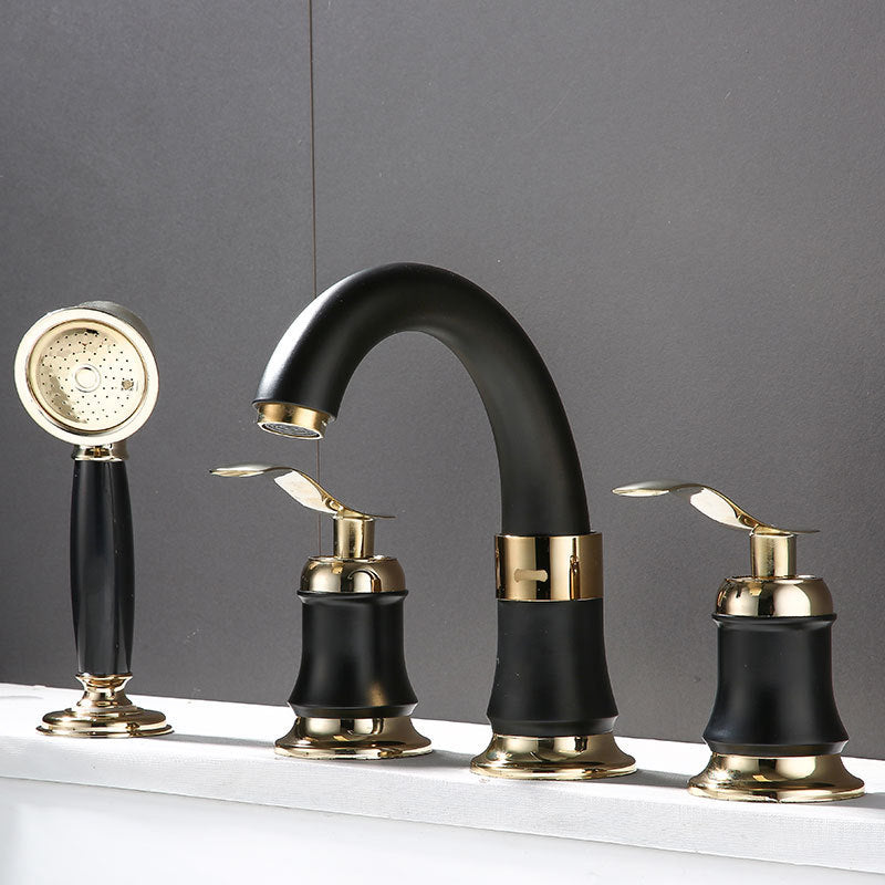 Modern Vessel Faucet Metal Lever Handles Low Arc Vessel Faucet for Home Black Faucets with Handheld Shower Clearhalo 'Bathroom Remodel & Bathroom Fixtures' 'Bathroom Sink Faucets' 'Bathroom Sinks & Faucet Components' 'bathroom_sink_faucets' 'Home Improvement' 'home_improvement' 'home_improvement_bathroom_sink_faucets' 6881094