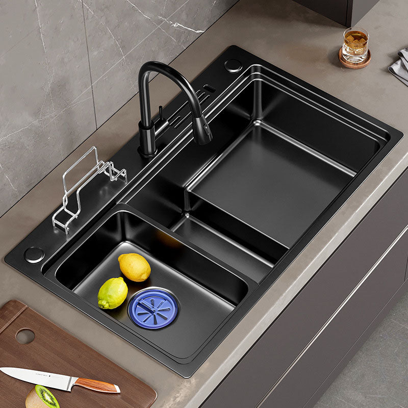 Contemporary Style Kitchen Sink Stainless Steel Kitchen Double Sink 29.5"L x 17.7"W x 9.1"H Sink with Faucet Pull Out Faucet Clearhalo 'Home Improvement' 'home_improvement' 'home_improvement_kitchen_sinks' 'Kitchen Remodel & Kitchen Fixtures' 'Kitchen Sinks & Faucet Components' 'Kitchen Sinks' 'kitchen_sinks' 6881460
