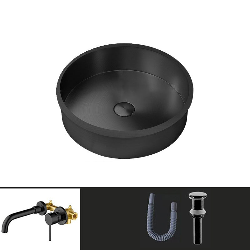 Contemporary Round Wash Stand Ceramic Metal Undermount Bathroom Sink Black Dual Hole Wall-Mounted Faucet Sink with Faucet Clearhalo 'Bathroom Remodel & Bathroom Fixtures' 'Bathroom Sinks & Faucet Components' 'Bathroom Sinks' 'bathroom_sink' 'Home Improvement' 'home_improvement' 'home_improvement_bathroom_sink' 6881690