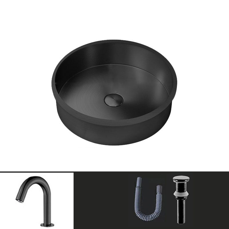 Contemporary Round Wash Stand Ceramic Metal Undermount Bathroom Sink Black Sensor Faucet Sink with Faucet Clearhalo 'Bathroom Remodel & Bathroom Fixtures' 'Bathroom Sinks & Faucet Components' 'Bathroom Sinks' 'bathroom_sink' 'Home Improvement' 'home_improvement' 'home_improvement_bathroom_sink' 6881692