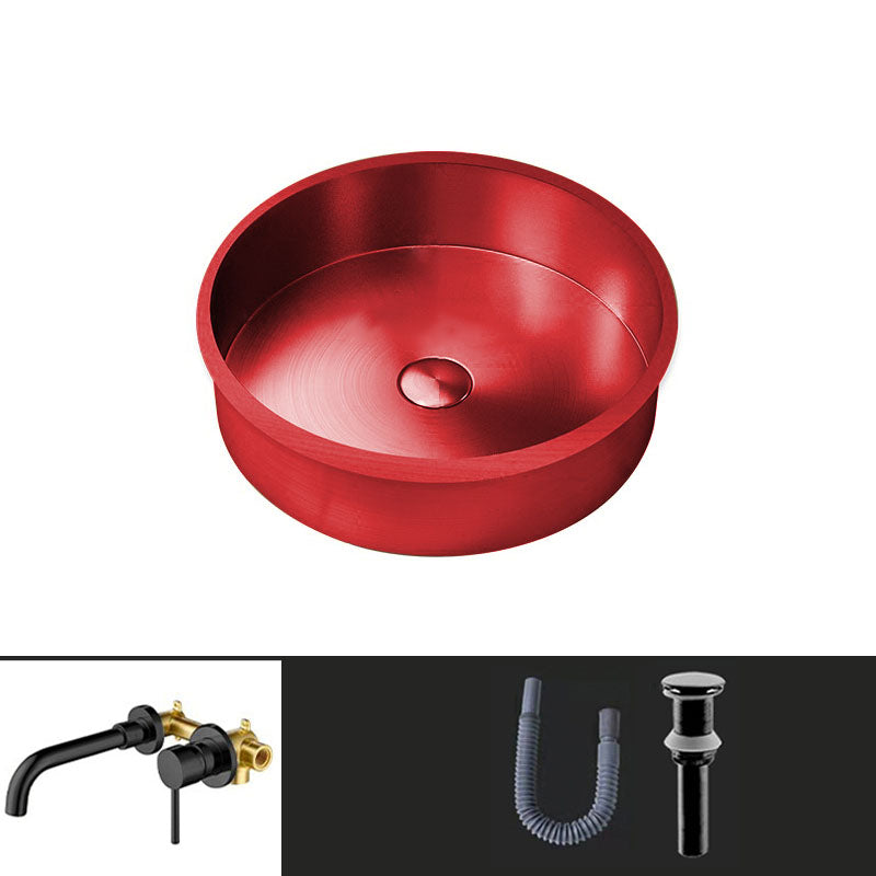 Contemporary Round Wash Stand Ceramic Metal Undermount Bathroom Sink Red Dual Hole Wall-Mounted Faucet Sink with Faucet Clearhalo 'Bathroom Remodel & Bathroom Fixtures' 'Bathroom Sinks & Faucet Components' 'Bathroom Sinks' 'bathroom_sink' 'Home Improvement' 'home_improvement' 'home_improvement_bathroom_sink' 6881697