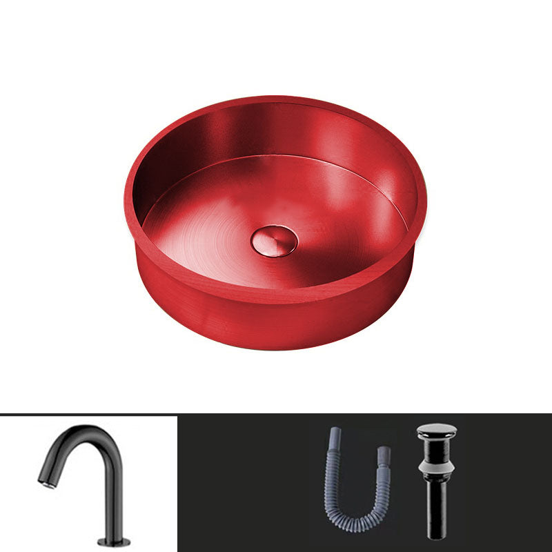 Contemporary Round Wash Stand Ceramic Metal Undermount Bathroom Sink Red Sensor Faucet Sink with Faucet Clearhalo 'Bathroom Remodel & Bathroom Fixtures' 'Bathroom Sinks & Faucet Components' 'Bathroom Sinks' 'bathroom_sink' 'Home Improvement' 'home_improvement' 'home_improvement_bathroom_sink' 6881698