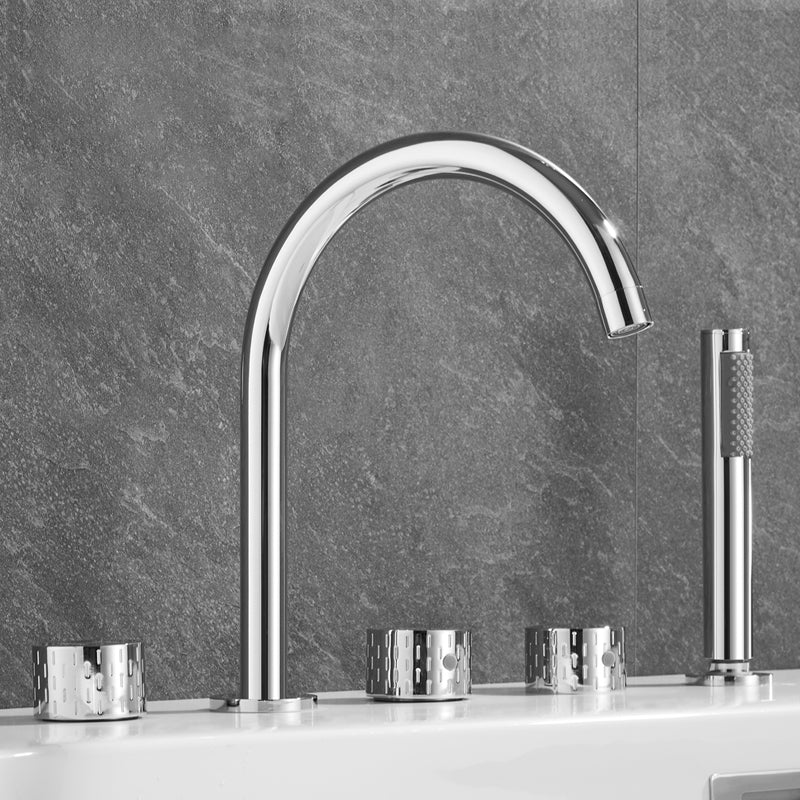 Traditional Deck Mounted Metal Tub Filler Three Handles Faucet Chrome Curved Knob Handles Clearhalo 'Bathroom Remodel & Bathroom Fixtures' 'Bathtub Faucets' 'bathtub_faucets' 'Home Improvement' 'home_improvement' 'home_improvement_bathtub_faucets' 6881765