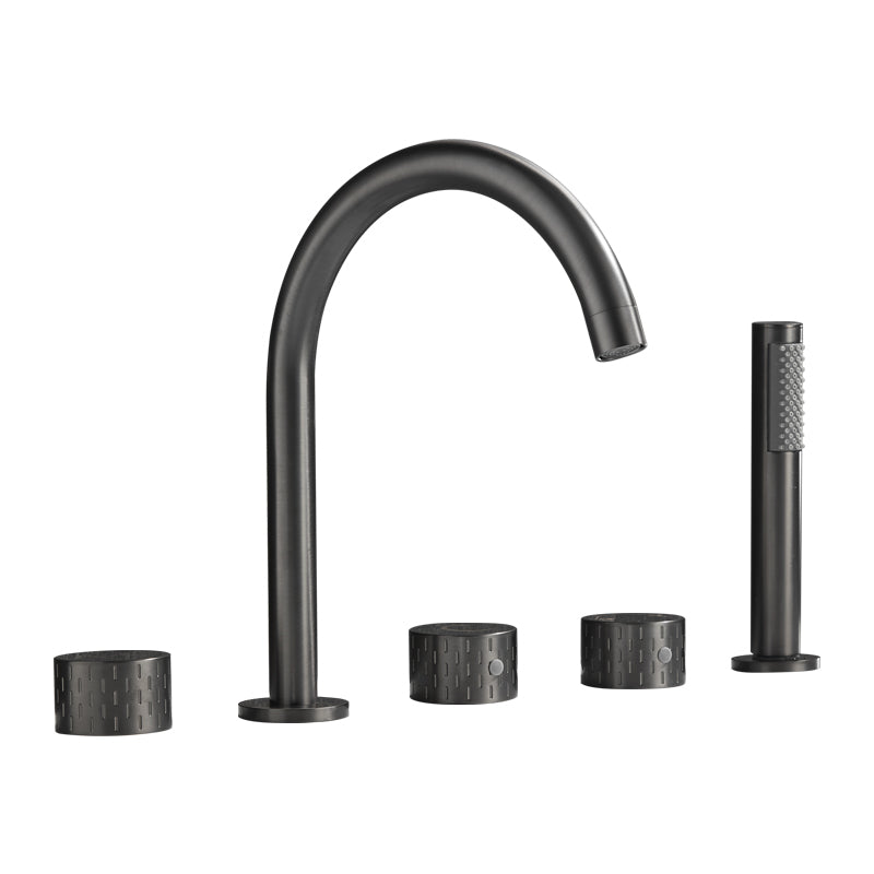 Traditional Deck Mounted Metal Tub Filler Three Handles Faucet Clearhalo 'Bathroom Remodel & Bathroom Fixtures' 'Bathtub Faucets' 'bathtub_faucets' 'Home Improvement' 'home_improvement' 'home_improvement_bathtub_faucets' 6881772
