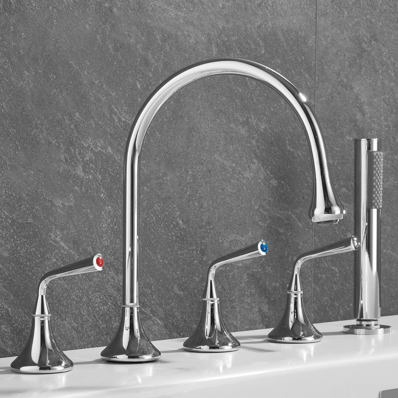 Traditional Deck Mounted Metal Tub Filler Three Handles Faucet Chrome Gooseneck Lever Handles Clearhalo 'Bathroom Remodel & Bathroom Fixtures' 'Bathtub Faucets' 'bathtub_faucets' 'Home Improvement' 'home_improvement' 'home_improvement_bathtub_faucets' 6881773