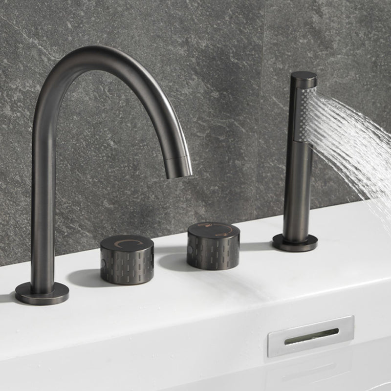 Traditional Deck Mounted Metal Tub Filler Three Handles Faucet Clearhalo 'Bathroom Remodel & Bathroom Fixtures' 'Bathtub Faucets' 'bathtub_faucets' 'Home Improvement' 'home_improvement' 'home_improvement_bathtub_faucets' 6881783