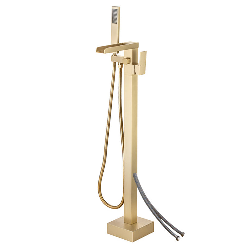 Floor Mounted Metal Freestanding Tub Filler One Handle Freestanding Bathtub Faucet Gold Hand Shower Included Wall Clearhalo 'Bathroom Remodel & Bathroom Fixtures' 'Bathtub Faucets' 'bathtub_faucets' 'Home Improvement' 'home_improvement' 'home_improvement_bathtub_faucets' 6881821