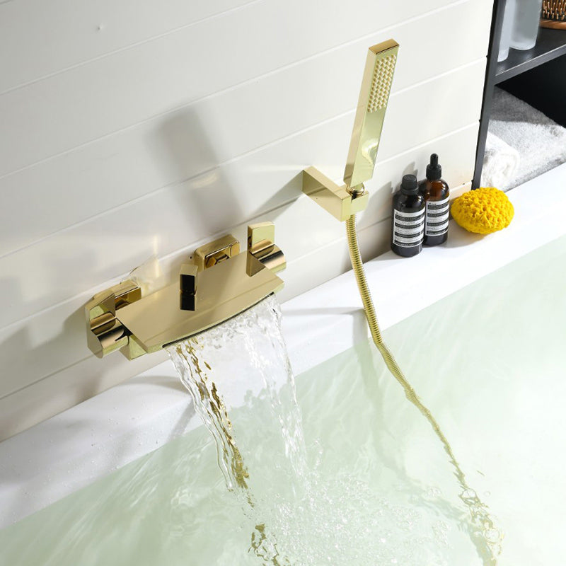 Bathtub Faucet Waterfall Rod Handle Wall Mounted Bathroom Faucet Gold Hand Shower Included Clearhalo 'Bathroom Remodel & Bathroom Fixtures' 'Bathtub Faucets' 'bathtub_faucets' 'Home Improvement' 'home_improvement' 'home_improvement_bathtub_faucets' 6881852