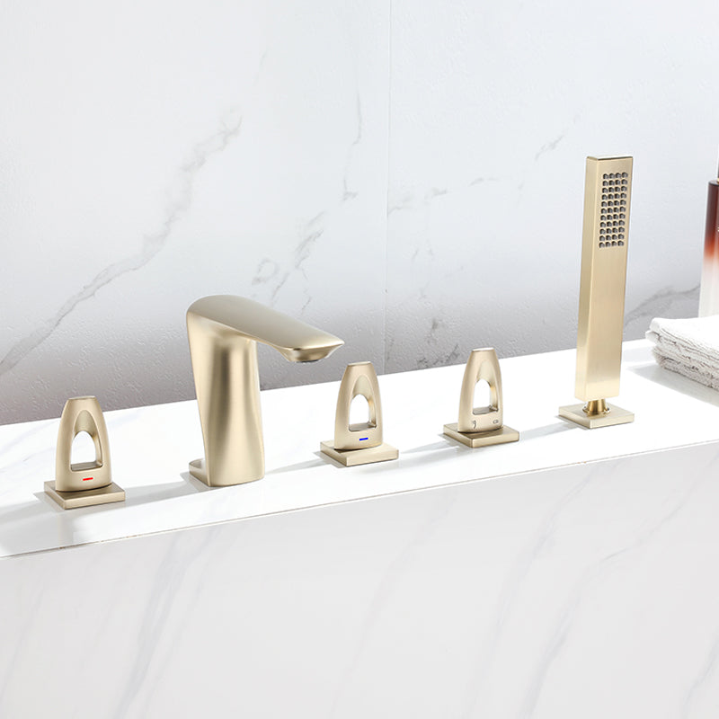 Modern Bathtub Faucet Flush Mounted Shower Head Rod Handle Faucet Gold Clearhalo 'Bathroom Remodel & Bathroom Fixtures' 'Bathtub Faucets' 'bathtub_faucets' 'Home Improvement' 'home_improvement' 'home_improvement_bathtub_faucets' 6881890