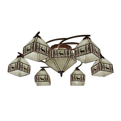 Industrial Vintage Small House Ceiling Lamp Stained Glass Chandelier Lights in Beige Clearhalo 'Ceiling Lights' 'Chandeliers' 'Close To Ceiling Lights' 'Industrial' 'Middle Century Chandeliers' 'Pendant Lights' 'Tiffany Chandeliers' 'Tiffany close to ceiling' 'Tiffany' Lighting' 68876