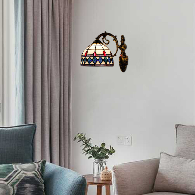 Semicircle Wall Sconce Light Vintage Stained Glass 1 Light Wall Lighting Blue Clearhalo 'Industrial' 'Middle century wall lights' 'Tiffany wall lights' 'Tiffany' 'Wall Lamps & Sconces' 'Wall Lights' Lighting' 68882