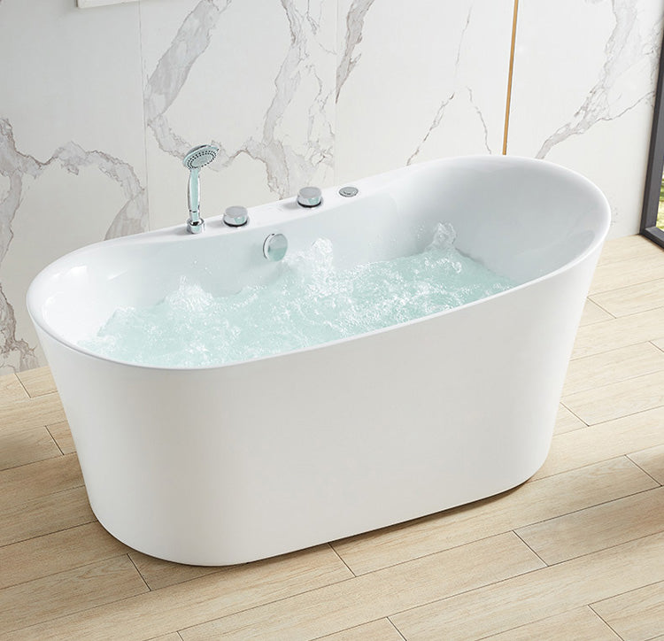 White Acrylic Freestanding Bathtub Oval Modern Handles Included Bath Tub with Silver 3-Piece Set Clearhalo 'Bathroom Remodel & Bathroom Fixtures' 'Bathtubs' 'Home Improvement' 'home_improvement' 'home_improvement_bathtubs' 'Showers & Bathtubs' 6889892