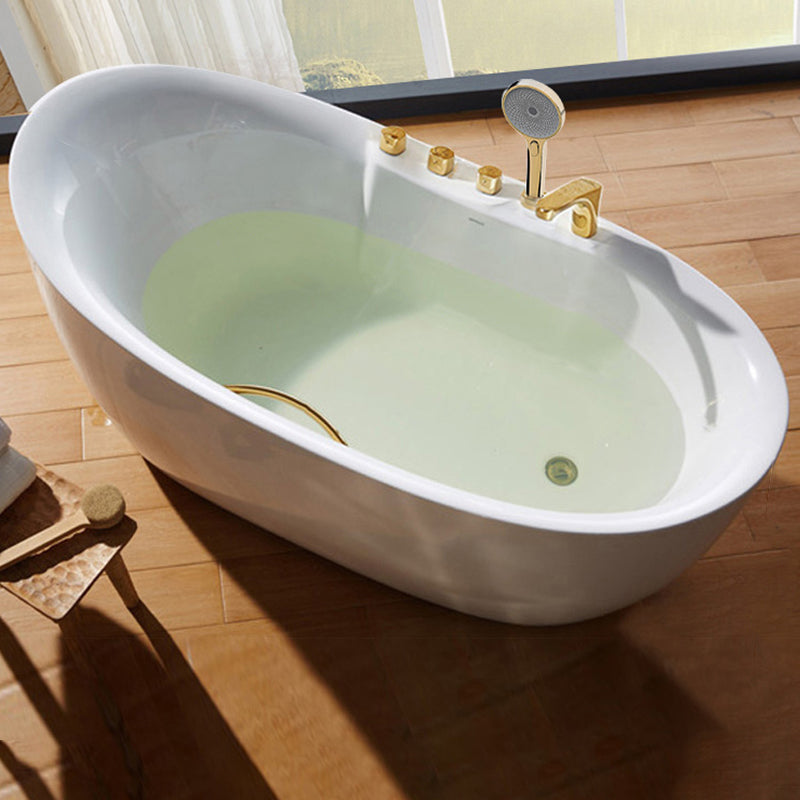 White Acrylic Freestanding Bathtub Oval Modern Handles Included Bath Tub with Gold 5-Piece Set Clearhalo 'Bathroom Remodel & Bathroom Fixtures' 'Bathtubs' 'Home Improvement' 'home_improvement' 'home_improvement_bathtubs' 'Showers & Bathtubs' 6889896
