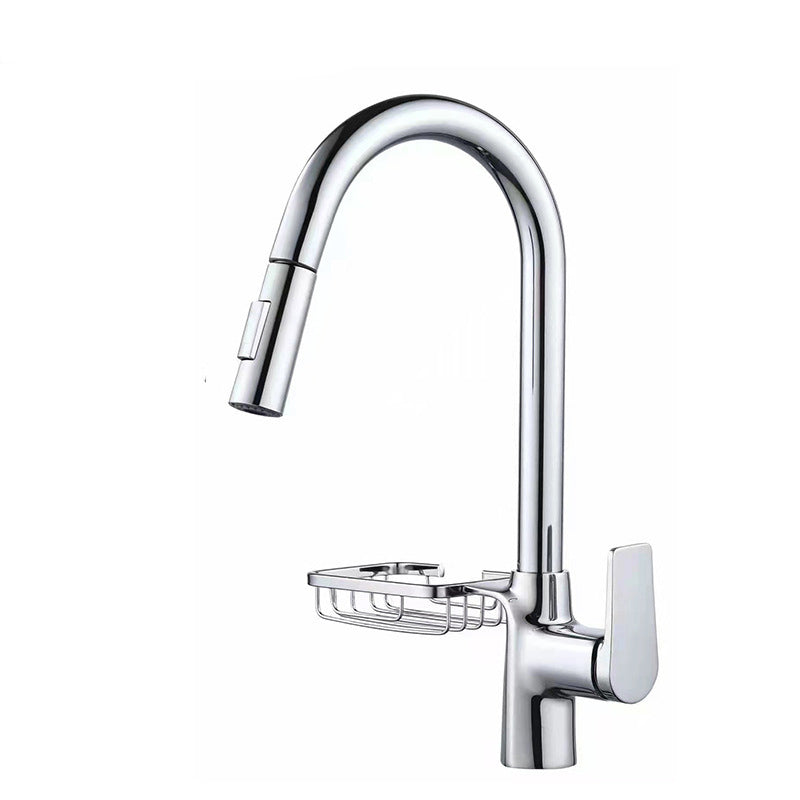 Contemporary Kitchen Sink Faucet Copper Swivel Spout with Pull out Faucet Silver Storage Clearhalo 'Home Improvement' 'home_improvement' 'home_improvement_kitchen_faucets' 'Kitchen Faucets' 'Kitchen Remodel & Kitchen Fixtures' 'Kitchen Sinks & Faucet Components' 'kitchen_faucets' 6890163