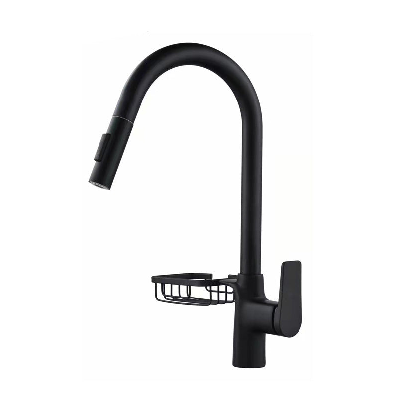 Contemporary Kitchen Sink Faucet Copper Swivel Spout with Pull out Faucet Black Storage Clearhalo 'Home Improvement' 'home_improvement' 'home_improvement_kitchen_faucets' 'Kitchen Faucets' 'Kitchen Remodel & Kitchen Fixtures' 'Kitchen Sinks & Faucet Components' 'kitchen_faucets' 6890165