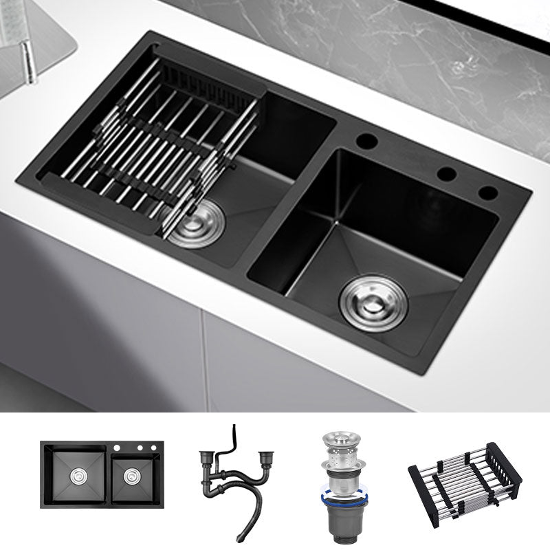 Modern Kitchen Double Basin Black Kitchen Sink with Soundproofing Sink Only None Clearhalo 'Home Improvement' 'home_improvement' 'home_improvement_kitchen_sinks' 'Kitchen Remodel & Kitchen Fixtures' 'Kitchen Sinks & Faucet Components' 'Kitchen Sinks' 'kitchen_sinks' 6894493