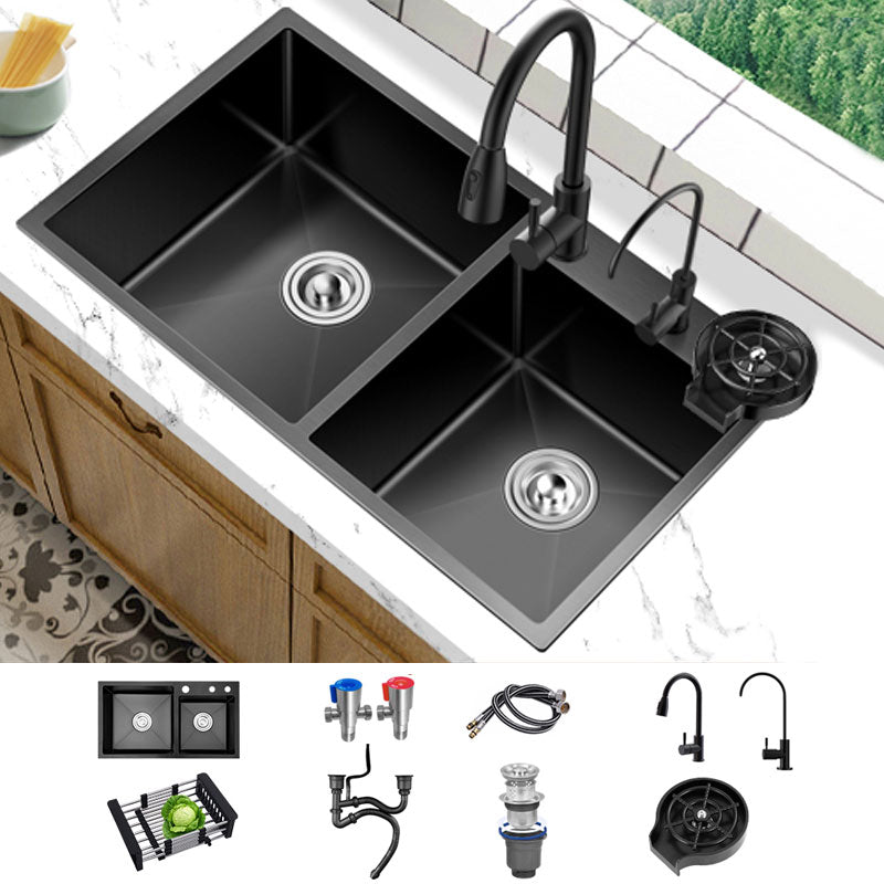 Modern Kitchen Double Basin Black Kitchen Sink with Soundproofing Sink with Faucet Double Tap for Water Purification Clearhalo 'Home Improvement' 'home_improvement' 'home_improvement_kitchen_sinks' 'Kitchen Remodel & Kitchen Fixtures' 'Kitchen Sinks & Faucet Components' 'Kitchen Sinks' 'kitchen_sinks' 6894494