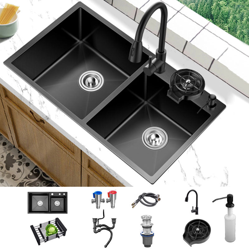 Modern Kitchen Double Basin Black Kitchen Sink with Soundproofing Sink with Faucet Pull Out Faucet Clearhalo 'Home Improvement' 'home_improvement' 'home_improvement_kitchen_sinks' 'Kitchen Remodel & Kitchen Fixtures' 'Kitchen Sinks & Faucet Components' 'Kitchen Sinks' 'kitchen_sinks' 6894496