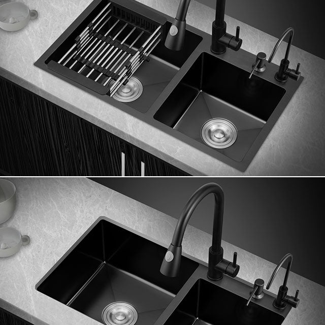 Modern Kitchen Double Basin Black Kitchen Sink with Soundproofing Clearhalo 'Home Improvement' 'home_improvement' 'home_improvement_kitchen_sinks' 'Kitchen Remodel & Kitchen Fixtures' 'Kitchen Sinks & Faucet Components' 'Kitchen Sinks' 'kitchen_sinks' 6894497