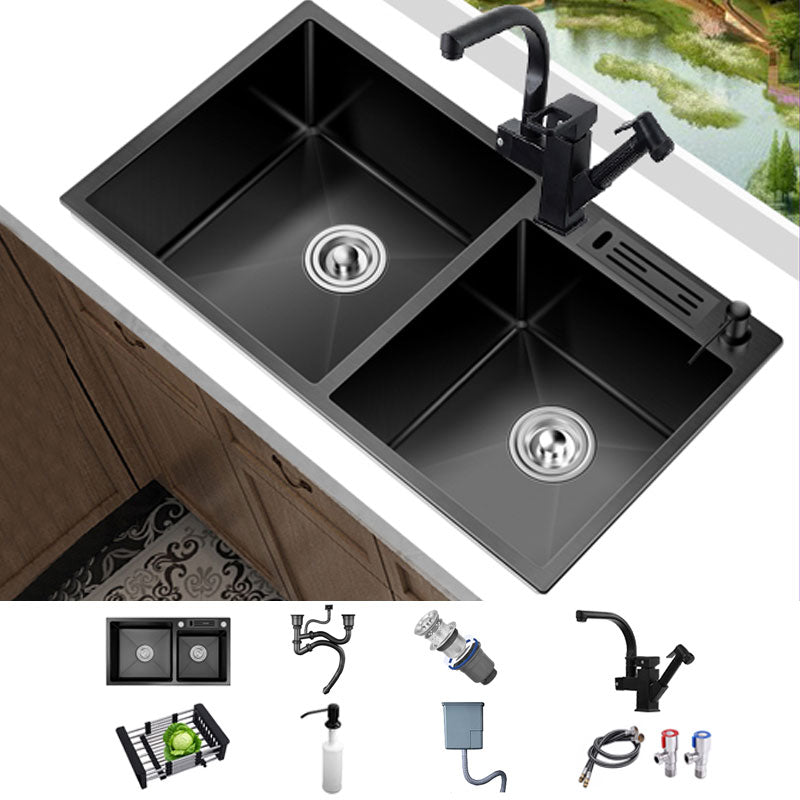 Classic Sink Stainless Steel Double Basin Workstation Sink with Faucet Sink with Faucet Spray Gun Faucet Clearhalo 'Home Improvement' 'home_improvement' 'home_improvement_kitchen_sinks' 'Kitchen Remodel & Kitchen Fixtures' 'Kitchen Sinks & Faucet Components' 'Kitchen Sinks' 'kitchen_sinks' 6894517