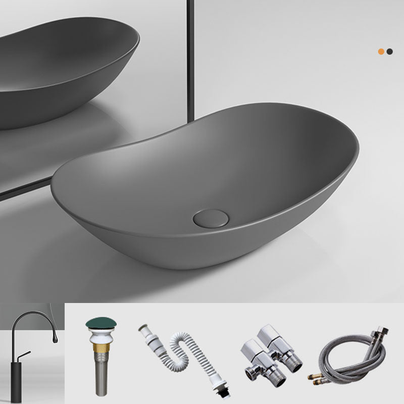 Oval Porcelain Vessel Sink Modern Style Vessel Lavatory Sink with No Craftsmanship Grey Sink with Faucet Clearhalo 'Bathroom Remodel & Bathroom Fixtures' 'Bathroom Sinks & Faucet Components' 'Bathroom Sinks' 'bathroom_sink' 'Home Improvement' 'home_improvement' 'home_improvement_bathroom_sink' 6894686