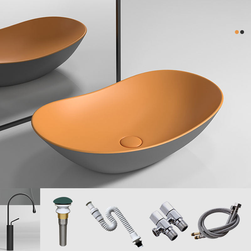 Oval Porcelain Vessel Sink Modern Style Vessel Lavatory Sink with No Craftsmanship 20"L x 13"W x 6"H Orange Sink with Faucet Clearhalo 'Bathroom Remodel & Bathroom Fixtures' 'Bathroom Sinks & Faucet Components' 'Bathroom Sinks' 'bathroom_sink' 'Home Improvement' 'home_improvement' 'home_improvement_bathroom_sink' 6894688