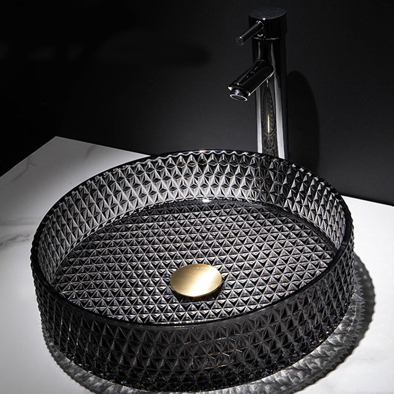 Modern Vessel Bathroom Sink Round Glass with Faucet and with Pop-Up Drain Vessel Black Sink with Faucet Clearhalo 'Bathroom Remodel & Bathroom Fixtures' 'Bathroom Sinks & Faucet Components' 'Bathroom Sinks' 'bathroom_sink' 'Home Improvement' 'home_improvement' 'home_improvement_bathroom_sink' 6894692