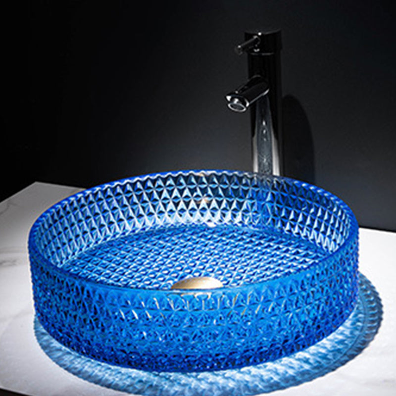 Modern Vessel Bathroom Sink Round Glass with Faucet and with Pop-Up Drain Vessel Blue Sink with Faucet Clearhalo 'Bathroom Remodel & Bathroom Fixtures' 'Bathroom Sinks & Faucet Components' 'Bathroom Sinks' 'bathroom_sink' 'Home Improvement' 'home_improvement' 'home_improvement_bathroom_sink' 6894696