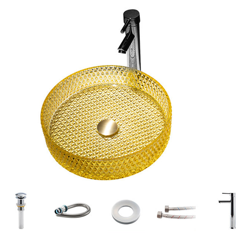 Modern Vessel Bathroom Sink Round Glass with Faucet and with Pop-Up Drain Vessel Yellow Sink with Faucet Clearhalo 'Bathroom Remodel & Bathroom Fixtures' 'Bathroom Sinks & Faucet Components' 'Bathroom Sinks' 'bathroom_sink' 'Home Improvement' 'home_improvement' 'home_improvement_bathroom_sink' 6894700