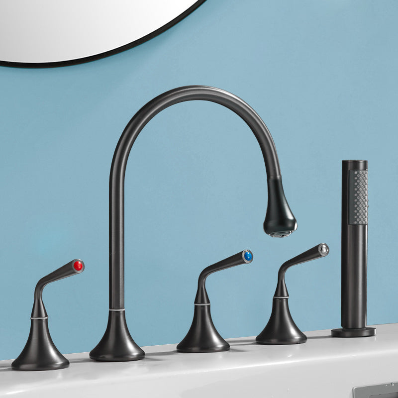 Modern Deck Mounted Metal Tub Filler Three Handles High Arch Faucet Clearhalo 'Bathroom Remodel & Bathroom Fixtures' 'Bathtub Faucets' 'bathtub_faucets' 'Home Improvement' 'home_improvement' 'home_improvement_bathtub_faucets' 6894911