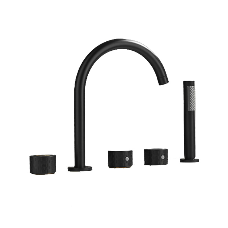 Modern Deck Mounted Metal Tub Filler Three Handles High Arch Faucet Clearhalo 'Bathroom Remodel & Bathroom Fixtures' 'Bathtub Faucets' 'bathtub_faucets' 'Home Improvement' 'home_improvement' 'home_improvement_bathtub_faucets' 6894914