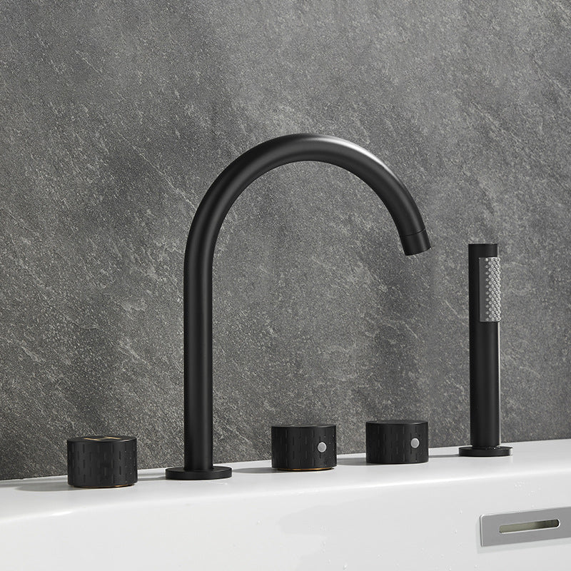 Modern Deck Mounted Metal Tub Filler Three Handles High Arch Faucet Black Curved Knob Handles Clearhalo 'Bathroom Remodel & Bathroom Fixtures' 'Bathtub Faucets' 'bathtub_faucets' 'Home Improvement' 'home_improvement' 'home_improvement_bathtub_faucets' 6894915