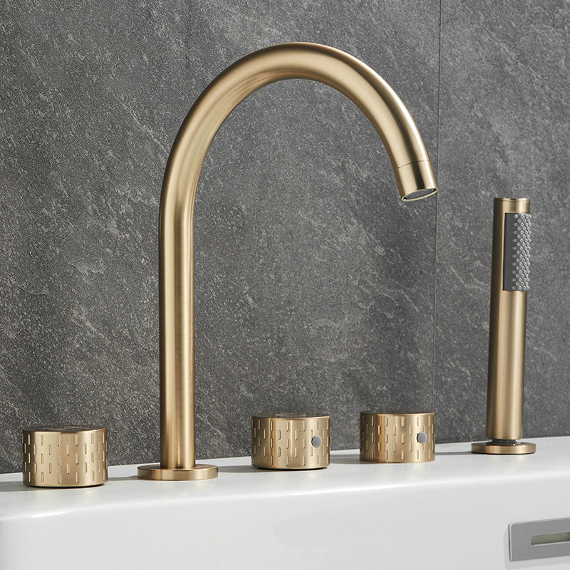 Modern Deck Mounted Metal Tub Filler Three Handles High Arch Faucet Gold Curved Knob Handles Clearhalo 'Bathroom Remodel & Bathroom Fixtures' 'Bathtub Faucets' 'bathtub_faucets' 'Home Improvement' 'home_improvement' 'home_improvement_bathtub_faucets' 6894916