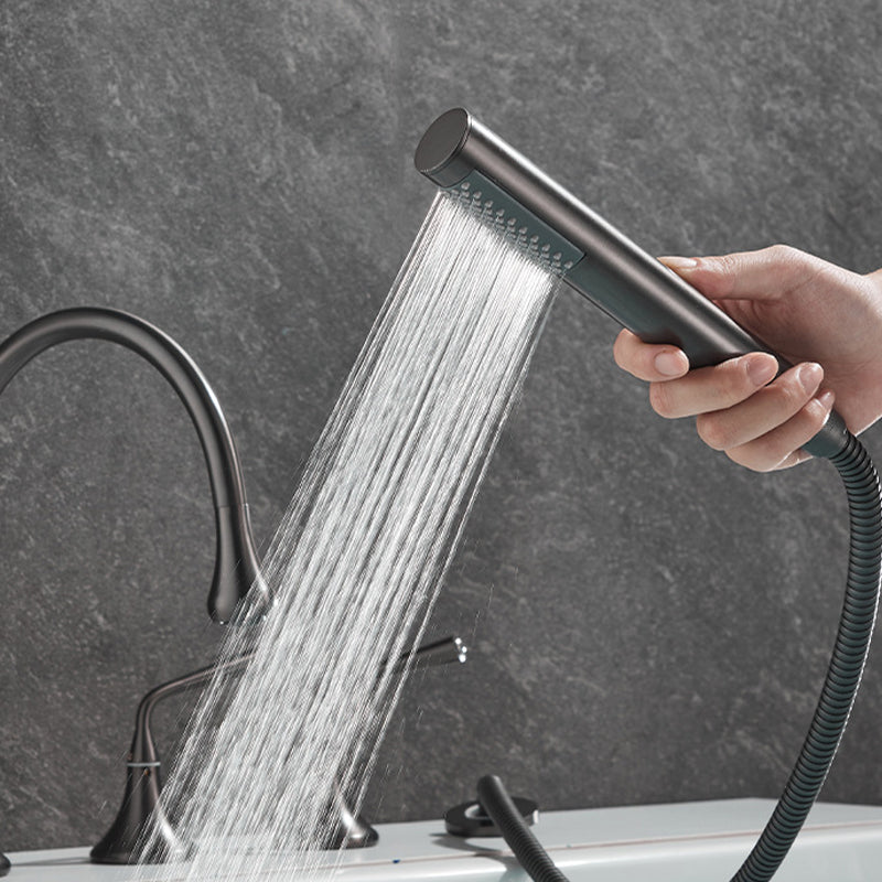 Modern Deck Mounted Metal Tub Filler Three Handles High Arch Faucet Clearhalo 'Bathroom Remodel & Bathroom Fixtures' 'Bathtub Faucets' 'bathtub_faucets' 'Home Improvement' 'home_improvement' 'home_improvement_bathtub_faucets' 6894923