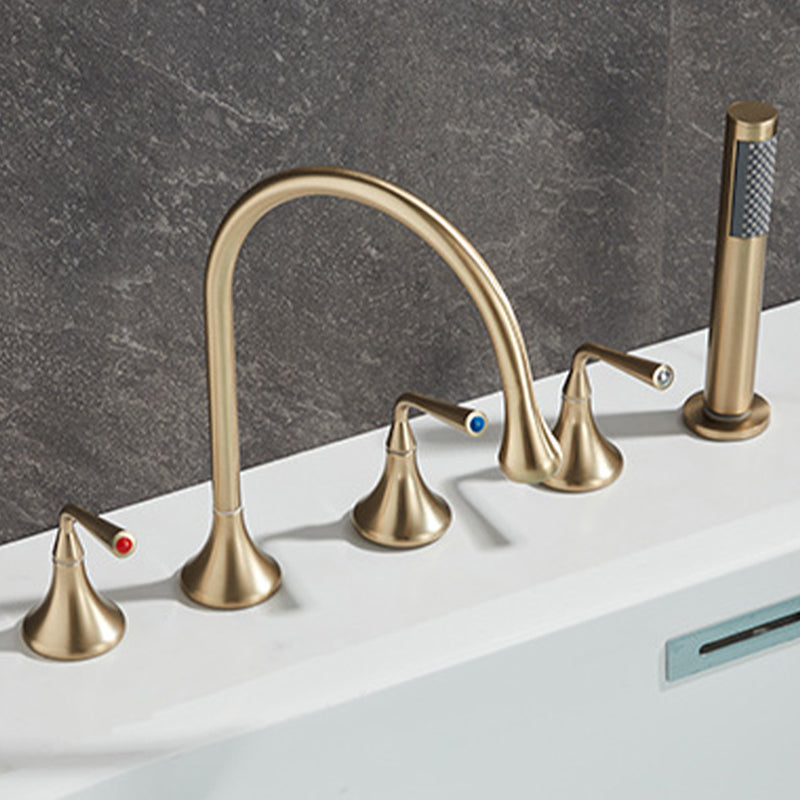 Modern Deck Mounted Metal Tub Filler Three Handles High Arch Faucet Clearhalo 'Bathroom Remodel & Bathroom Fixtures' 'Bathtub Faucets' 'bathtub_faucets' 'Home Improvement' 'home_improvement' 'home_improvement_bathtub_faucets' 6894926