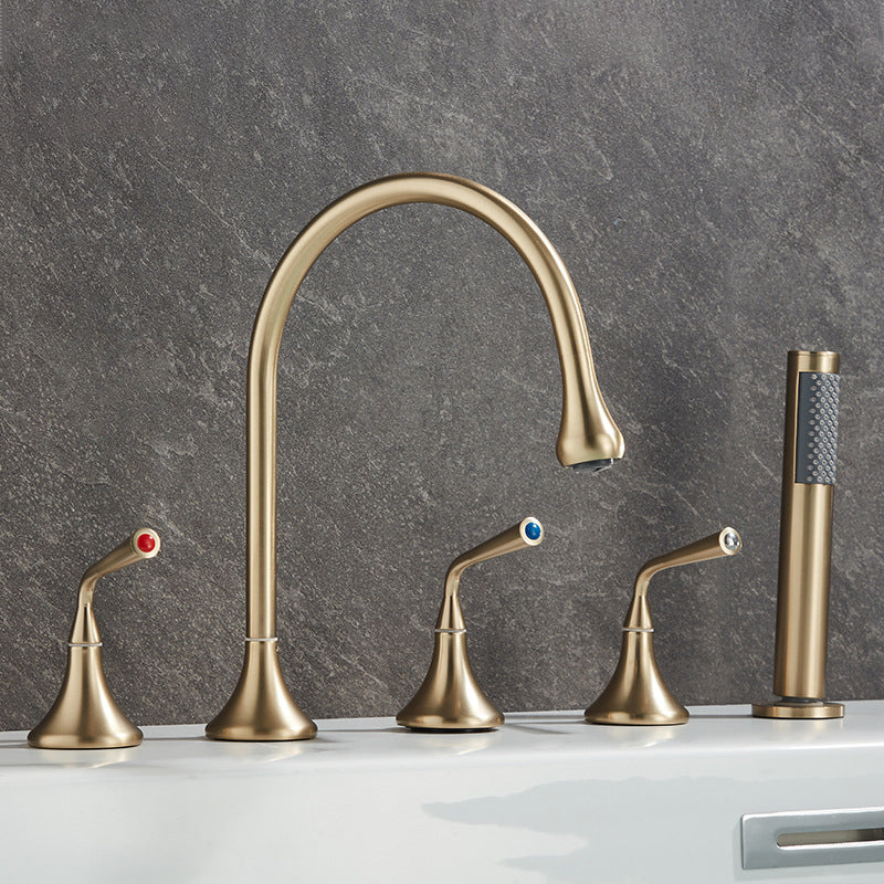 Modern Deck Mounted Metal Tub Filler Three Handles High Arch Faucet Gold Gooseneck Lever Handles Clearhalo 'Bathroom Remodel & Bathroom Fixtures' 'Bathtub Faucets' 'bathtub_faucets' 'Home Improvement' 'home_improvement' 'home_improvement_bathtub_faucets' 6894927