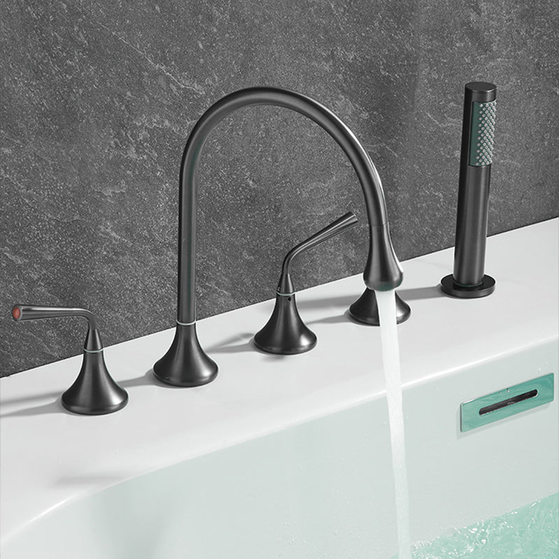 Modern Deck Mounted Metal Tub Filler Three Handles High Arch Faucet Clearhalo 'Bathroom Remodel & Bathroom Fixtures' 'Bathtub Faucets' 'bathtub_faucets' 'Home Improvement' 'home_improvement' 'home_improvement_bathtub_faucets' 6894932
