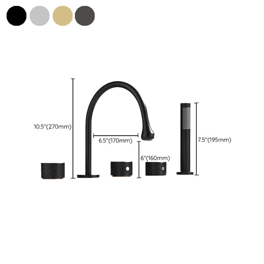 Modern Deck Mounted Metal Tub Filler Three Handles High Arch Faucet Clearhalo 'Bathroom Remodel & Bathroom Fixtures' 'Bathtub Faucets' 'bathtub_faucets' 'Home Improvement' 'home_improvement' 'home_improvement_bathtub_faucets' 6894934