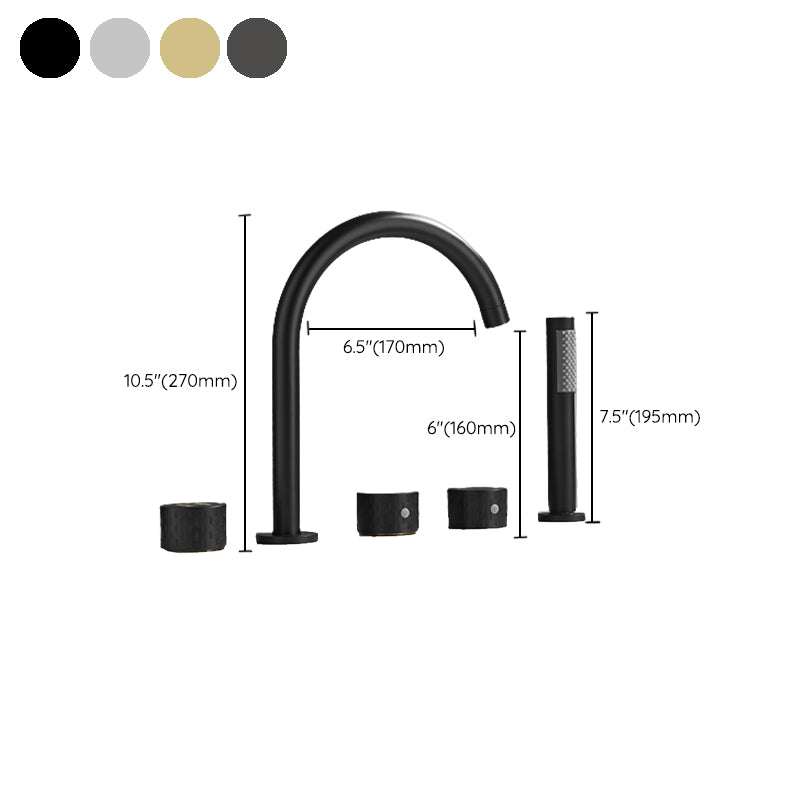 Modern Deck Mounted Metal Tub Filler Three Handles High Arch Faucet Clearhalo 'Bathroom Remodel & Bathroom Fixtures' 'Bathtub Faucets' 'bathtub_faucets' 'Home Improvement' 'home_improvement' 'home_improvement_bathtub_faucets' 6894935