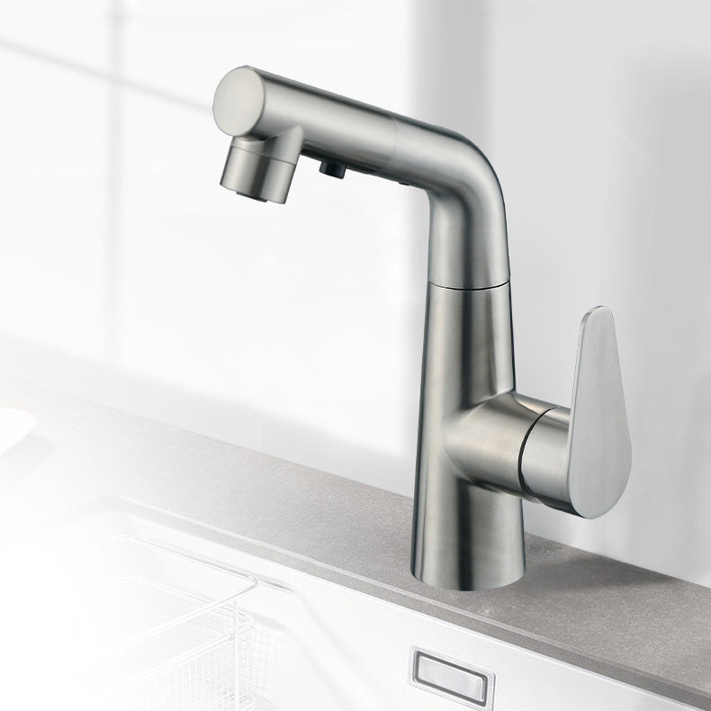 Contemporary Vessel Faucet Pull-out Faucet with Single Lever Handle Silver Clearhalo 'Bathroom Remodel & Bathroom Fixtures' 'Bathroom Sink Faucets' 'Bathroom Sinks & Faucet Components' 'bathroom_sink_faucets' 'Home Improvement' 'home_improvement' 'home_improvement_bathroom_sink_faucets' 6896478