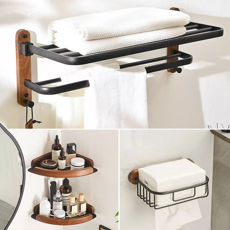 Modern Bathroom Accessory Kit Aluminum & Wood Bath Hardware Set 4-Piece Set (Triangular Bath Shelf) Clearhalo 'Bathroom Hardware Sets' 'Bathroom Hardware' 'Bathroom Remodel & Bathroom Fixtures' 'bathroom_hardware_sets' 'Home Improvement' 'home_improvement' 'home_improvement_bathroom_hardware_sets' 6896982