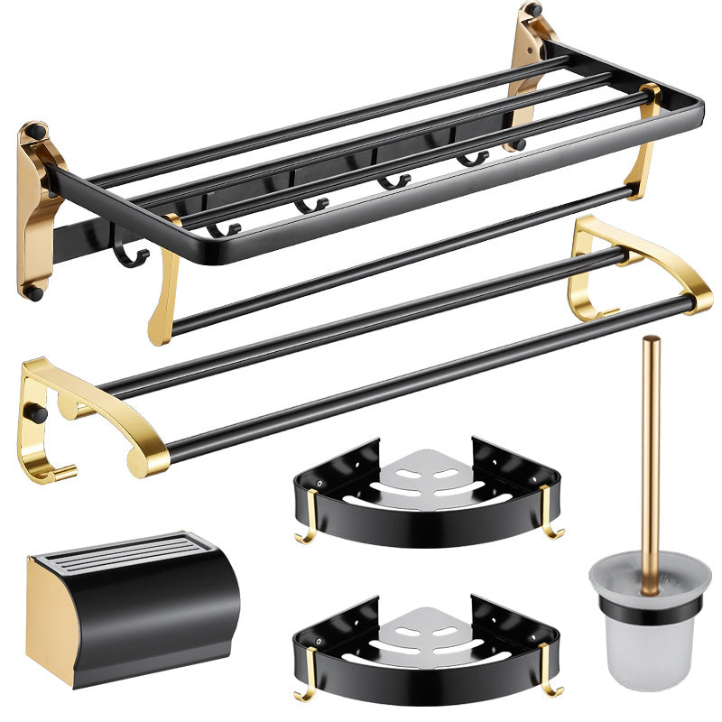 6-Piece Contemporary Bath Hardware Set Bath Shelf/Towel Bar Paper Holder Included Black Gold 6-Piece Set Clearhalo 'Bathroom Hardware Sets' 'Bathroom Hardware' 'Bathroom Remodel & Bathroom Fixtures' 'bathroom_hardware_sets' 'Home Improvement' 'home_improvement' 'home_improvement_bathroom_hardware_sets' 6897015
