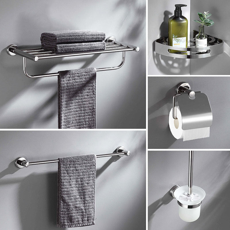 Polished Chrome 5-Piece Modern Bathroom Accessory Set with Bath Shelf Clearhalo 'Bathroom Hardware Sets' 'Bathroom Hardware' 'Bathroom Remodel & Bathroom Fixtures' 'bathroom_hardware_sets' 'Home Improvement' 'home_improvement' 'home_improvement_bathroom_hardware_sets' 6897041