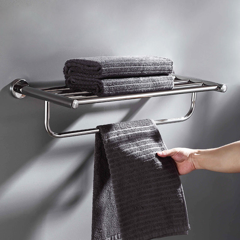 Polished Chrome 5-Piece Modern Bathroom Accessory Set with Bath Shelf Clearhalo 'Bathroom Hardware Sets' 'Bathroom Hardware' 'Bathroom Remodel & Bathroom Fixtures' 'bathroom_hardware_sets' 'Home Improvement' 'home_improvement' 'home_improvement_bathroom_hardware_sets' 6897044