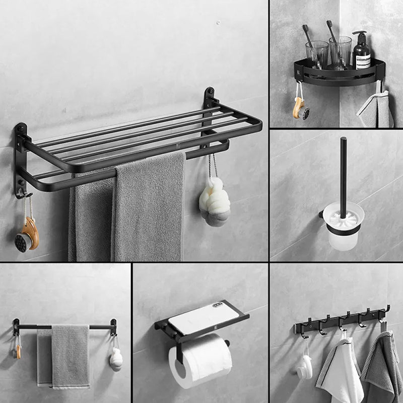 Matte Black Contemporary Bathroom Accessory Set with Bath Shelf & Towel Bar 6-Piece Set (Triangular Bath Shelf) Clearhalo 'Bathroom Hardware Sets' 'Bathroom Hardware' 'Bathroom Remodel & Bathroom Fixtures' 'bathroom_hardware_sets' 'Home Improvement' 'home_improvement' 'home_improvement_bathroom_hardware_sets' 6897121