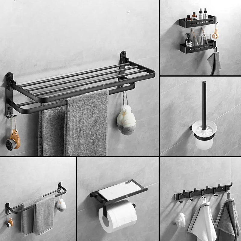 Matte Black Contemporary Bathroom Accessory Set with Bath Shelf & Towel Bar 7-Piece Set (Square Bath Shelf) Clearhalo 'Bathroom Hardware Sets' 'Bathroom Hardware' 'Bathroom Remodel & Bathroom Fixtures' 'bathroom_hardware_sets' 'Home Improvement' 'home_improvement' 'home_improvement_bathroom_hardware_sets' 6897132