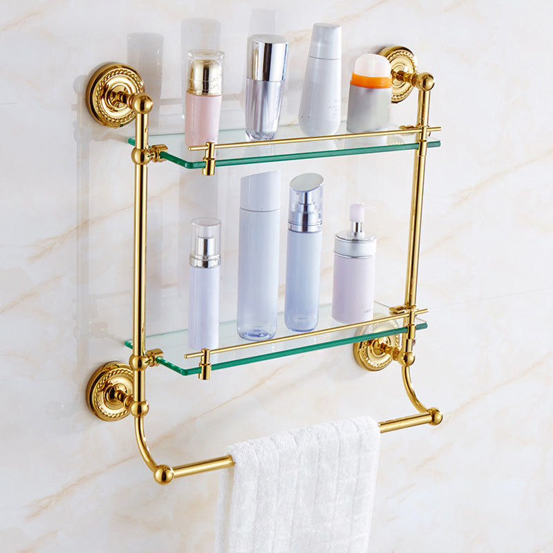 Traditional Golden Bath Hardware Set Copper Bathroom Accessory Kit Bath Shelf (Double Layers) Clearhalo 'Bathroom Hardware Sets' 'Bathroom Hardware' 'Bathroom Remodel & Bathroom Fixtures' 'bathroom_hardware_sets' 'Home Improvement' 'home_improvement' 'home_improvement_bathroom_hardware_sets' 6897223