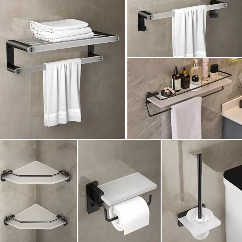 Modern Bathroom Accessory Set Bath Shelf Towel Bar Black Bath Hardware Set 7-Piece Set (Single Rod) Clearhalo 'Bathroom Hardware Sets' 'Bathroom Hardware' 'Bathroom Remodel & Bathroom Fixtures' 'bathroom_hardware_sets' 'Home Improvement' 'home_improvement' 'home_improvement_bathroom_hardware_sets' 6897244
