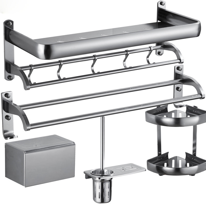 5-Piece Modern Bathroom Accessory Set with Bath Shelf/Towel Bar/Paper Holder Grey 5 piece Set Clearhalo 'Bathroom Hardware Sets' 'Bathroom Hardware' 'Bathroom Remodel & Bathroom Fixtures' 'bathroom_hardware_sets' 'Home Improvement' 'home_improvement' 'home_improvement_bathroom_hardware_sets' 6897268